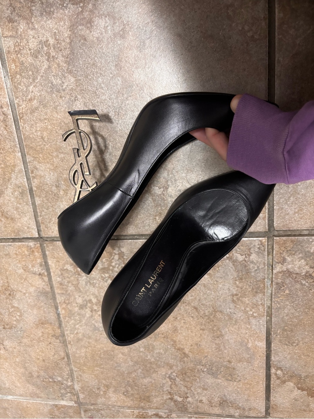 Yves Saint Laurent Black Leather Pumps with Gold Monogram Heel - Picture 3 of 5